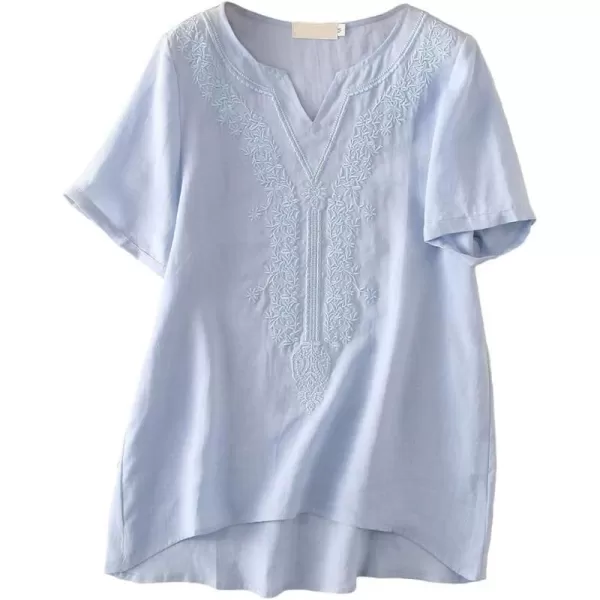 Minibee Womens Linen Shirts Summer Boho Tops Cotton Blouse V Neck Short Sleeve Embroidered TunicLight Blue