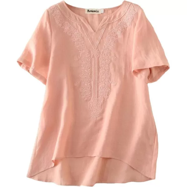 Minibee Womens Linen Shirts Summer Boho Tops Cotton Blouse V Neck Short Sleeve Embroidered TunicPink