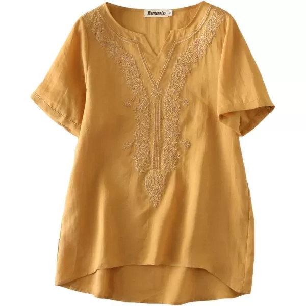 Minibee Womens Linen Shirts Summer Boho Tops Cotton Blouse V Neck Short Sleeve Embroidered TunicYellow