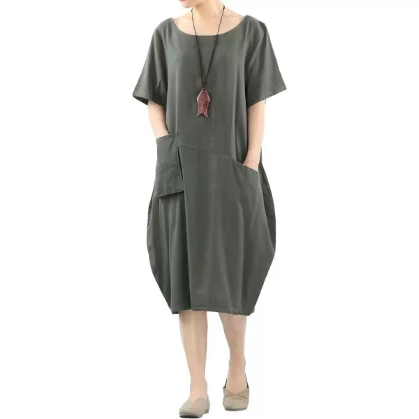 Minibee Womens Linen Tunic Dress Summer Short Sleeve Casual Kaftan Flowy Midi Dresses with PocketsArmy Green