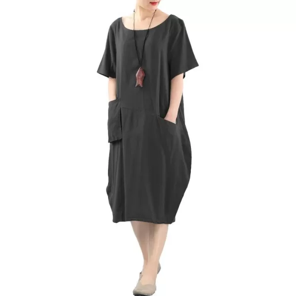 Minibee Womens Linen Tunic Dress Summer Short Sleeve Casual Kaftan Flowy Midi Dresses with PocketsBlack