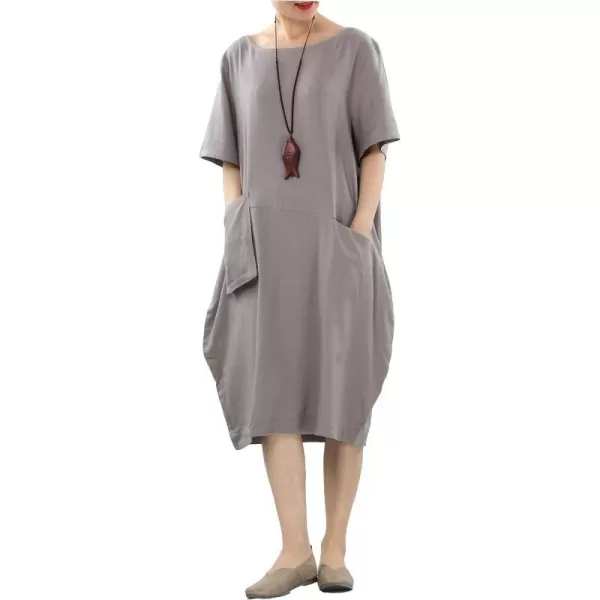 Minibee Womens Linen Tunic Dress Summer Short Sleeve Casual Kaftan Flowy Midi Dresses with PocketsGrey