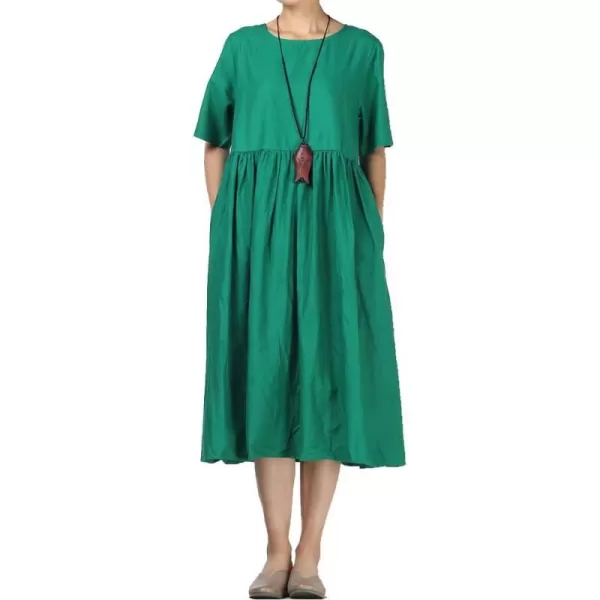 Minibee Womens Linen Tunic Summer Dress Casual Midi Dresses with PocketsGreen