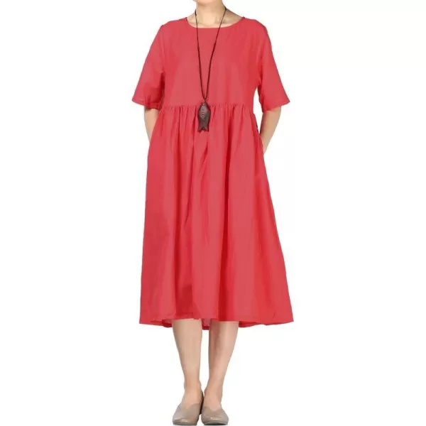 Minibee Womens Linen Tunic Summer Dress Casual Midi Dresses with PocketsRed