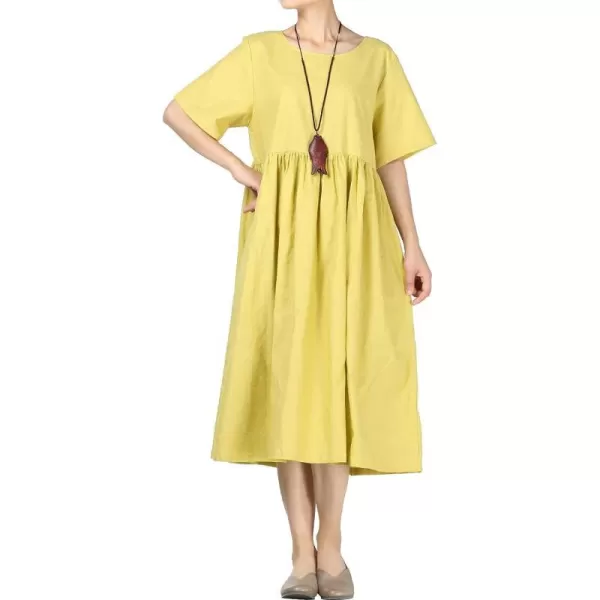 Minibee Womens Linen Tunic Summer Dress Casual Midi Dresses with PocketsYellow