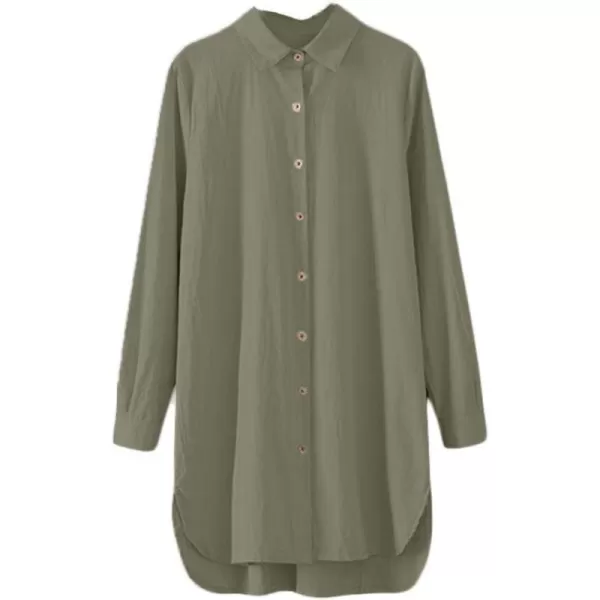 Minibee Womens Long Sleeve Shirts Button Down Blouse Cotton Tunic High Low TopsArmy Green