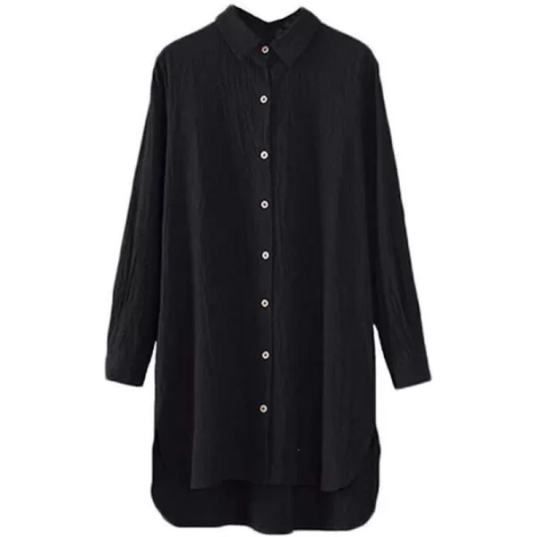 Minibee Womens Long Sleeve Shirts Button Down Blouse Cotton Tunic High Low TopsBlack