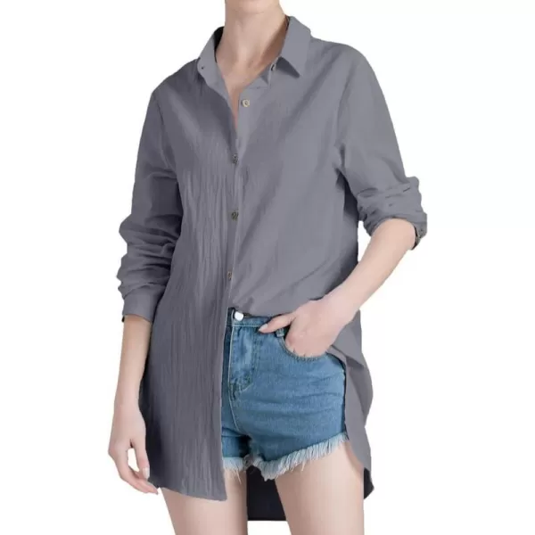 Minibee Womens Long Sleeve Shirts Button Down Blouse Cotton Tunic High Low TopsGray