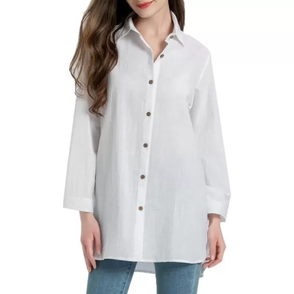 Minibee Womens Long Sleeve Shirts Button Down Blouse Cotton Tunic High Low TopsWhite