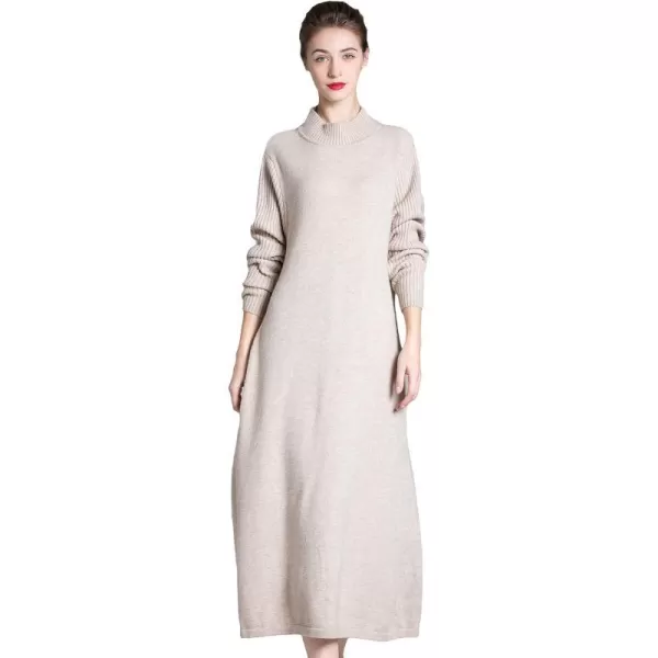 Minibee Womens Long Sleeve Sweater Dresses Pullover Casual Turtleneck Knit Sweater Long Dresses with PocketsBeige