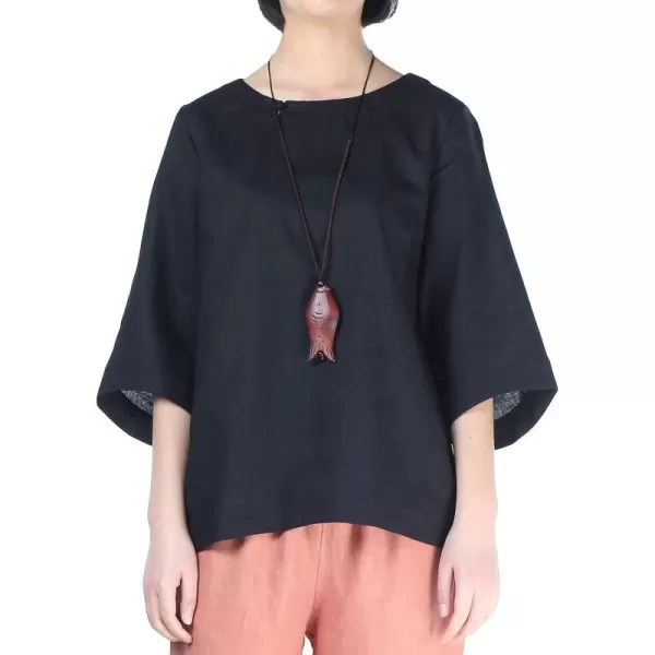 Minibee Womens Loose Cotton Linen Blouse Round Neck with Chinese Frog Button TopsBlack