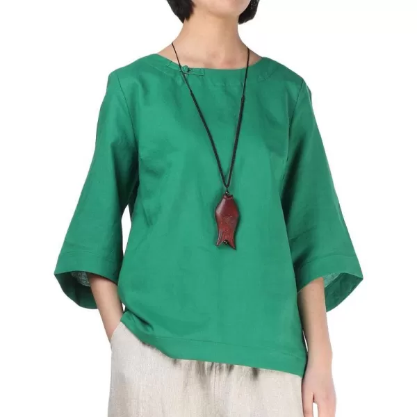 Minibee Womens Loose Cotton Linen Blouse Round Neck with Chinese Frog Button TopsGreen