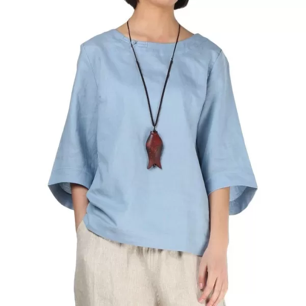 Minibee Womens Loose Cotton Linen Blouse Round Neck with Chinese Frog Button TopsLight Blue