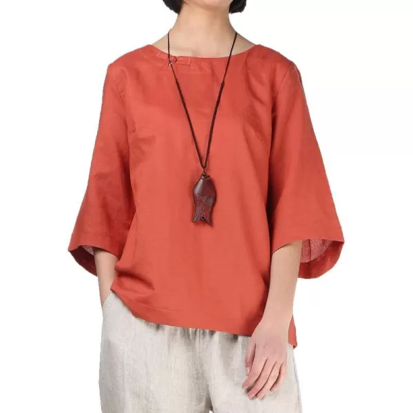 Minibee Womens Loose Cotton Linen Blouse Round Neck with Chinese Frog Button TopsOrange