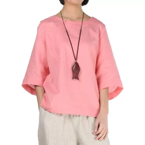 Minibee Womens Loose Cotton Linen Blouse Round Neck with Chinese Frog Button TopsPink