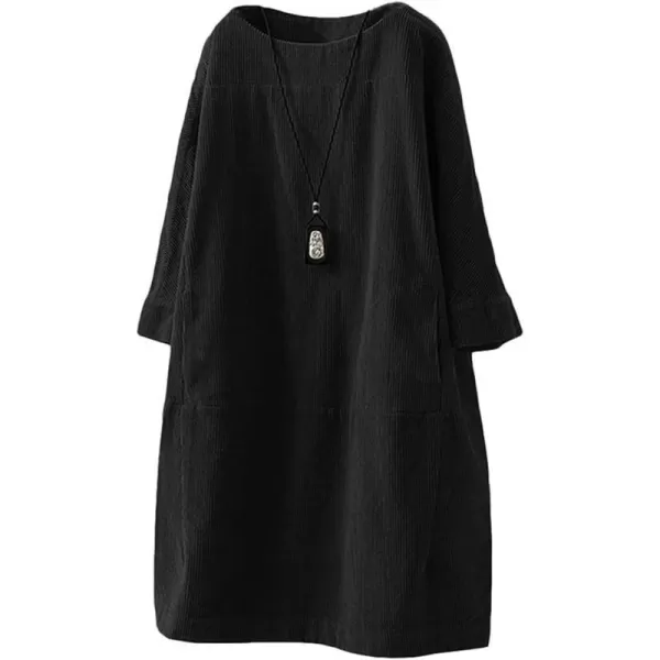 Minibee Womens Oversize Tunic Dress Corduroy Long Sleeve Tops with PocketsBlack