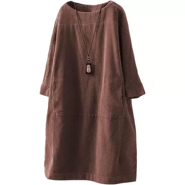 Minibee Womens Oversize Tunic Dress Corduroy Long Sleeve Tops with PocketsBrown