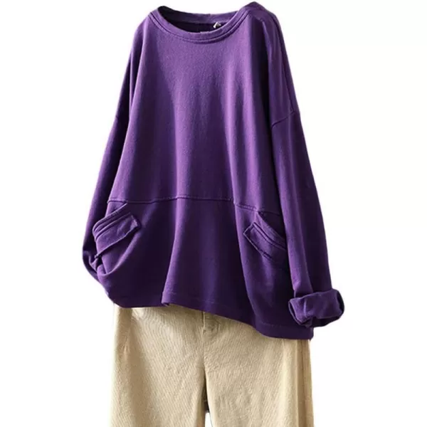 Minibee Womens Oversized Sweatshirt Crewneck Long Sleeve Cotton Pullover Tops with PocketsPurple