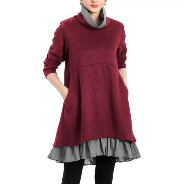 Minibee Womens Oversized Sweatshirt Dress Turtleneck Long Sleeve Tunic Tops Swing Dresses with PocketsBurgundy