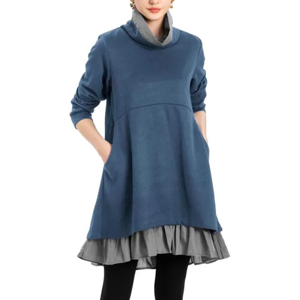 Minibee Womens Oversized Sweatshirt Dress Turtleneck Long Sleeve Tunic Tops Swing Dresses with PocketsJean Blue