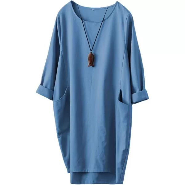 Minibee Womens Oversized Tunic Dress Long Sleeve Loose Baggy Tshirt Tops with PocketsDenim Blue