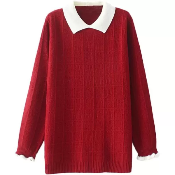 Minibee Womens Pan Collar Knitted Sweater Casual Pullover SweatshirtStyle1 Wine Red