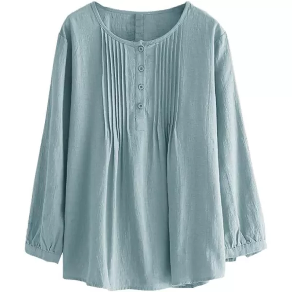 Minibee Womens Scoop Neck Pleated Blouse Solid Color Lovely Button Tunic ShirtBlue