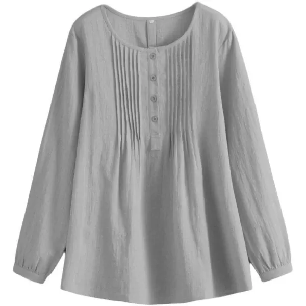 Minibee Womens Scoop Neck Pleated Blouse Solid Color Lovely Button Tunic ShirtGray