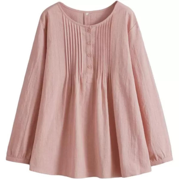 Minibee Womens Scoop Neck Pleated Blouse Solid Color Lovely Button Tunic ShirtPink