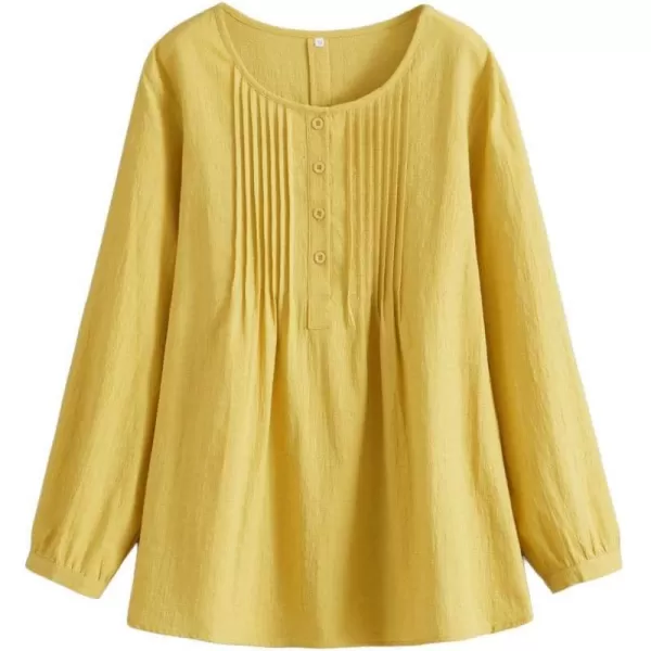 Minibee Womens Scoop Neck Pleated Blouse Solid Color Lovely Button Tunic ShirtYellow