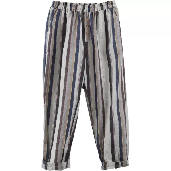 Minibee Womens Striped Linen Pants Casual Wide Leg Cropped TrousersDark Blue