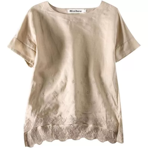 Minibee Womens Summer Linen Tunic Shirt High Low Hem Embroidery Blouse TopLight Khaki