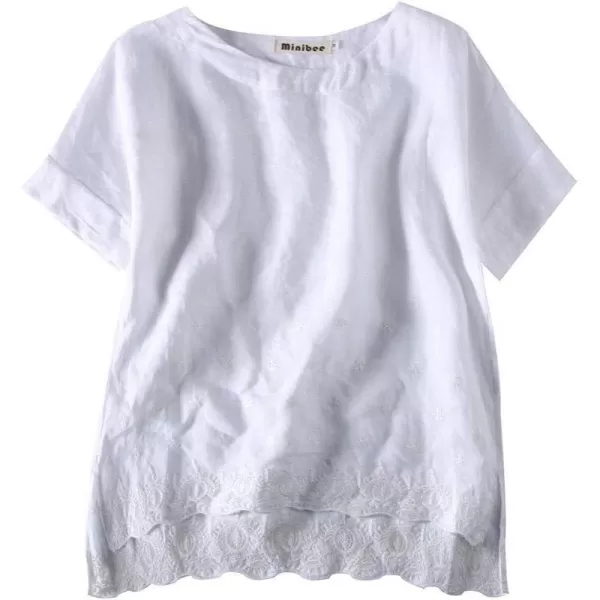 Minibee Womens Summer Linen Tunic Shirt High Low Hem Embroidery Blouse TopWhite