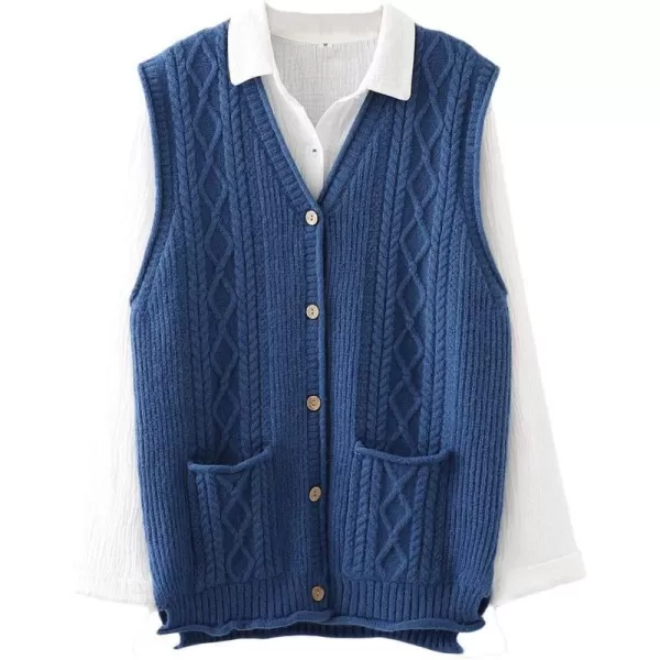 Minibee Womens Sweater Vest Casual Sleeveless Cardigan VNeck Button Down Cotton Vest with PocketsBlue