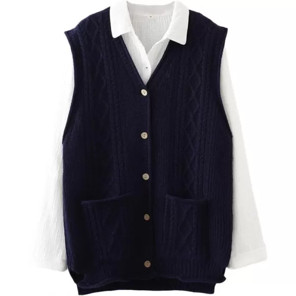 Minibee Womens Sweater Vest Casual Sleeveless Cardigan VNeck Button Down Cotton Vest with PocketsNavy