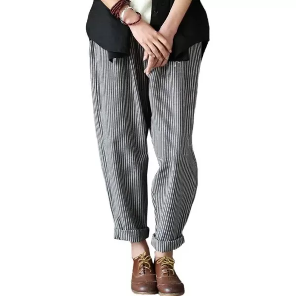 Minibee Womens Wide Leg Harem Pants Cotton Linen Striped Casual Palazzo Pants with PocketsDark Gray