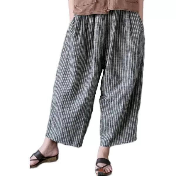 Minibee Womens Wide Leg Harem Pants Cotton Linen Striped Casual Palazzo Pants with PocketsStripesblack