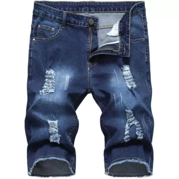 PASOK Mens Casual Denim Shorts Distressed Stretchy Jeans Shorts Ripped Short PantsDark Blue