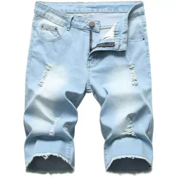 PASOK Mens Casual Denim Shorts Distressed Stretchy Jeans Shorts Ripped Short PantsLight Blue