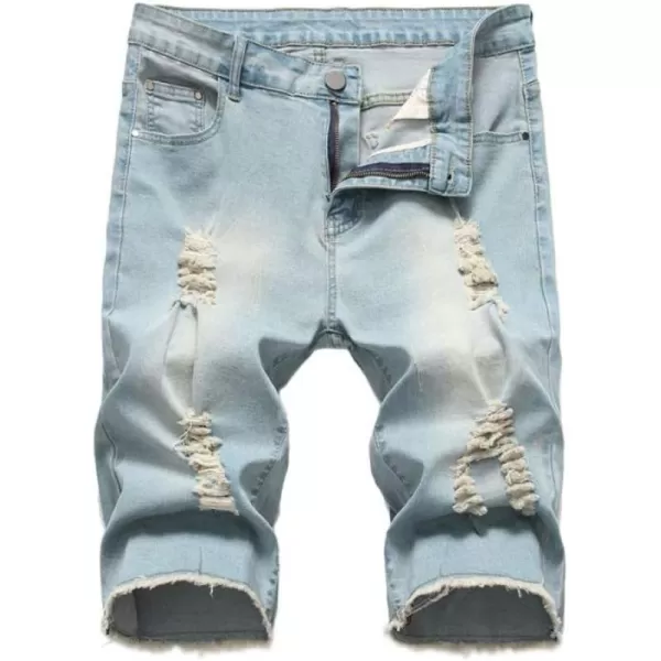 PASOK Mens Casual Denim Shorts Distressed Stretchy Jeans Shorts Ripped Short PantsRetro Blue