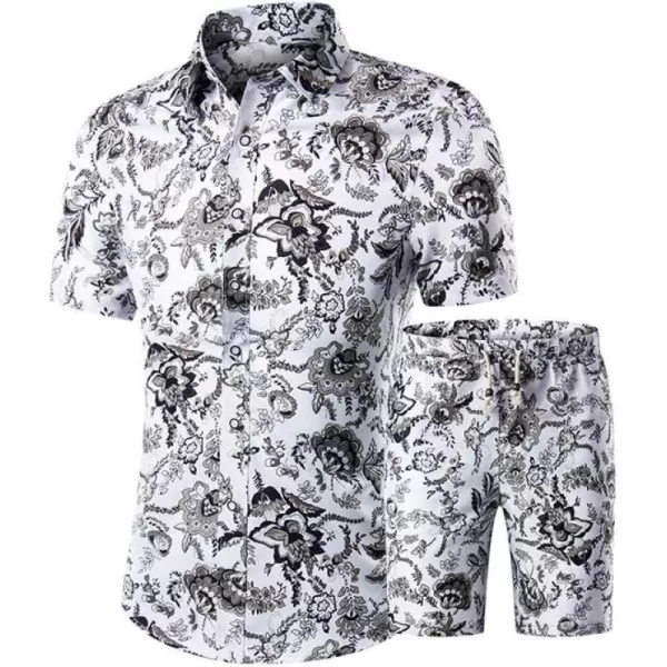 PASOK Mens Floral 2 Piece Tracksuit Casual Button Down Short Sleeve Hawaiian Shirt and Shorts SuitDc02