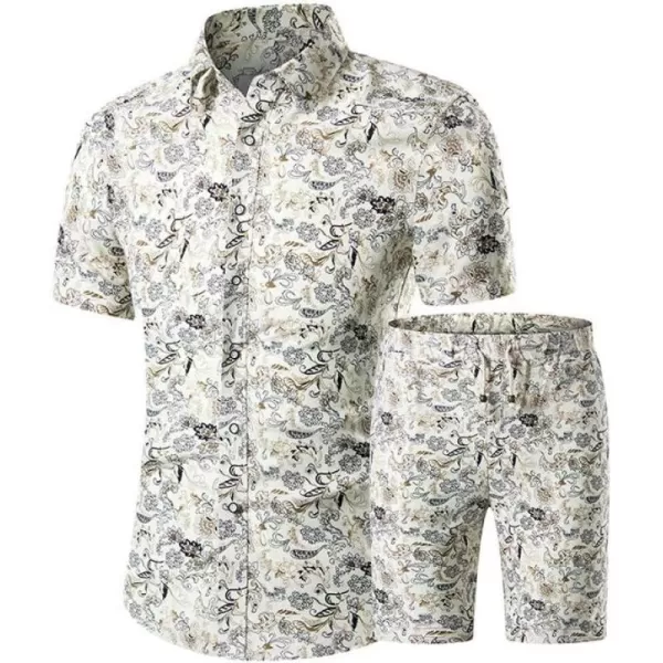 PASOK Mens Floral 2 Piece Tracksuit Casual Button Down Short Sleeve Hawaiian Shirt and Shorts SuitDc03