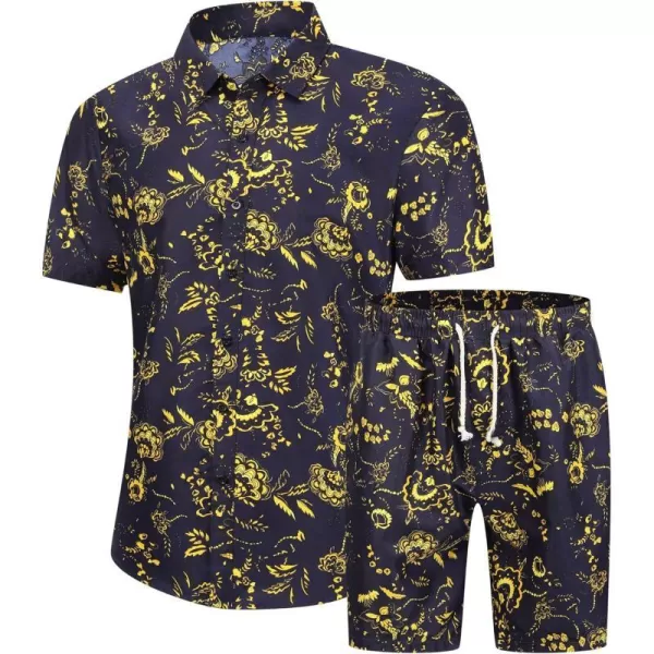 PASOK Mens Floral 2 Piece Tracksuit Casual Button Down Short Sleeve Hawaiian Shirt and Shorts SuitDc06