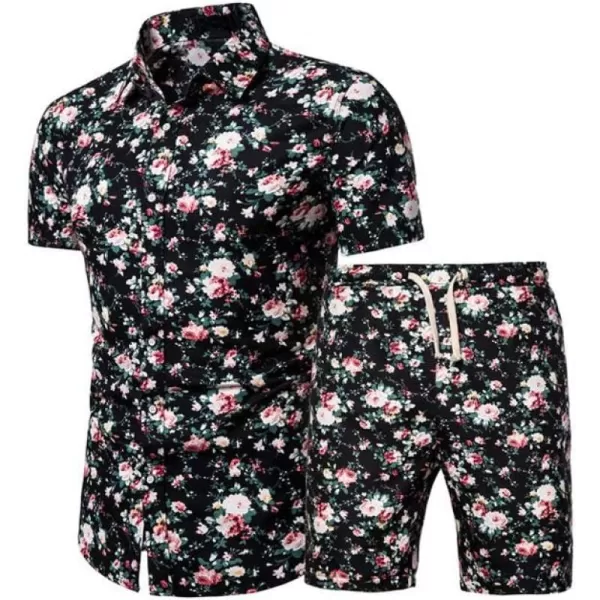 PASOK Mens Floral 2 Piece Tracksuit Casual Button Down Short Sleeve Hawaiian Shirt and Shorts SuitDc09