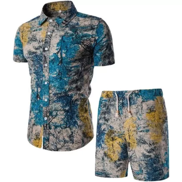 PASOK Mens Floral 2 Piece Tracksuit Casual Button Down Short Sleeve Hawaiian Shirt and Shorts SuitTz03