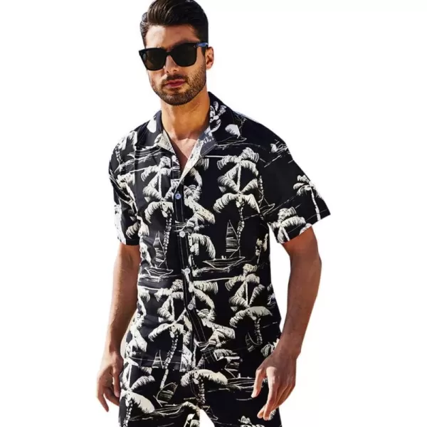 PASOK Mens Hawaiian Shirt and Short 2 Piece Outfits Sets Button Down Summer Beach Floral SuitsBlack