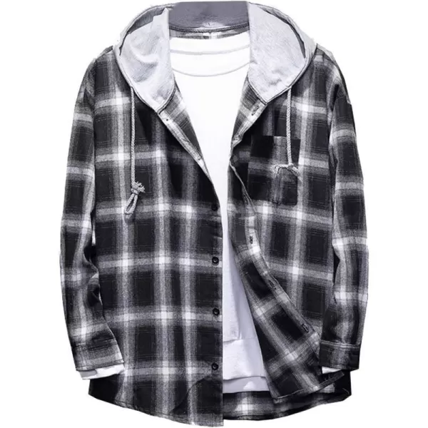 PASOK Mens Plaid Hooded Shirts Casual Long Sleeve Lightweight Shirt JacketsBlack