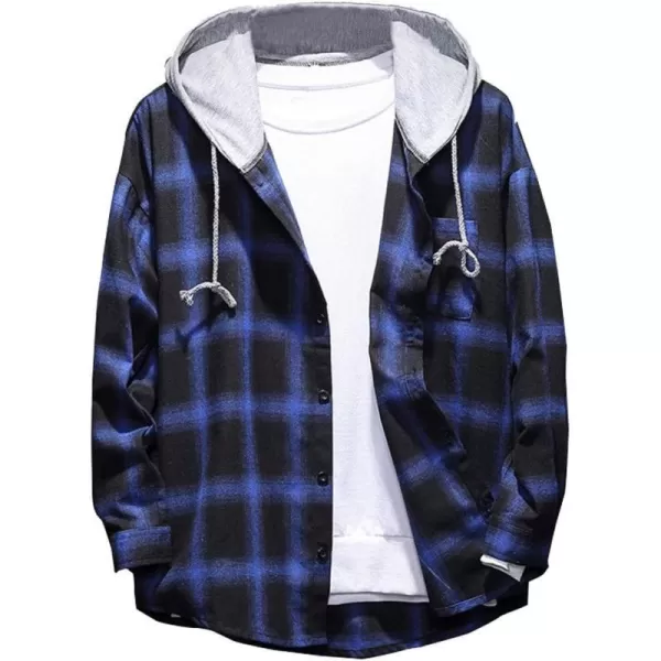 PASOK Mens Plaid Hooded Shirts Casual Long Sleeve Lightweight Shirt JacketsBlue