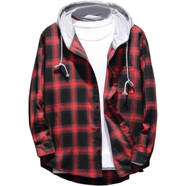 PASOK Mens Plaid Hooded Shirts Casual Long Sleeve Lightweight Shirt JacketsRed