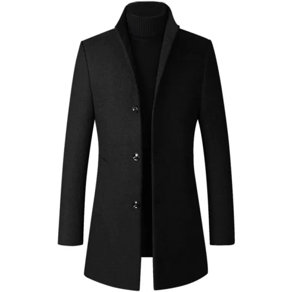 Minibee Mens Trench Woolen Coat Winter Stylish Long Slim Fit Luxury Wool Blend Topcoat Business Down JacketBlack